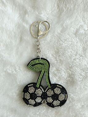 Soccer Cherry Rhinestone Cherry Keychain - Black White & Green Bag Charm